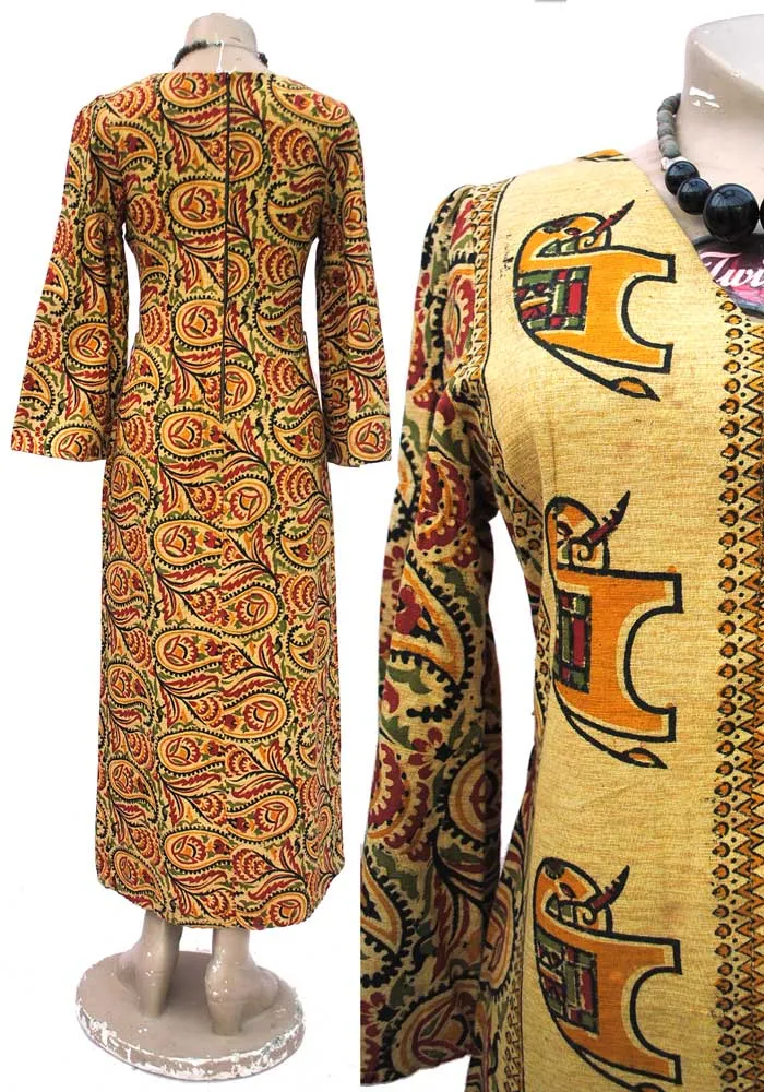 1960s Vintage Block Printed Paisley Bell Sleeve Kaftan Dress • New Generation Boutique