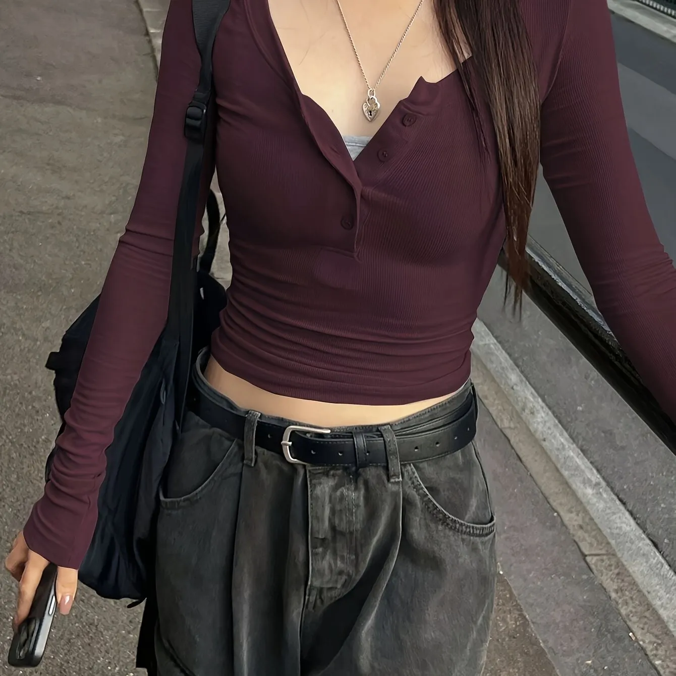 1pc Elegant Women'S Solid Color Slim-Fit Henley Long Sleeve T-Shirt, Polyester Knit Fabric, Button Detail, Regular Length, for Spring/Autumn