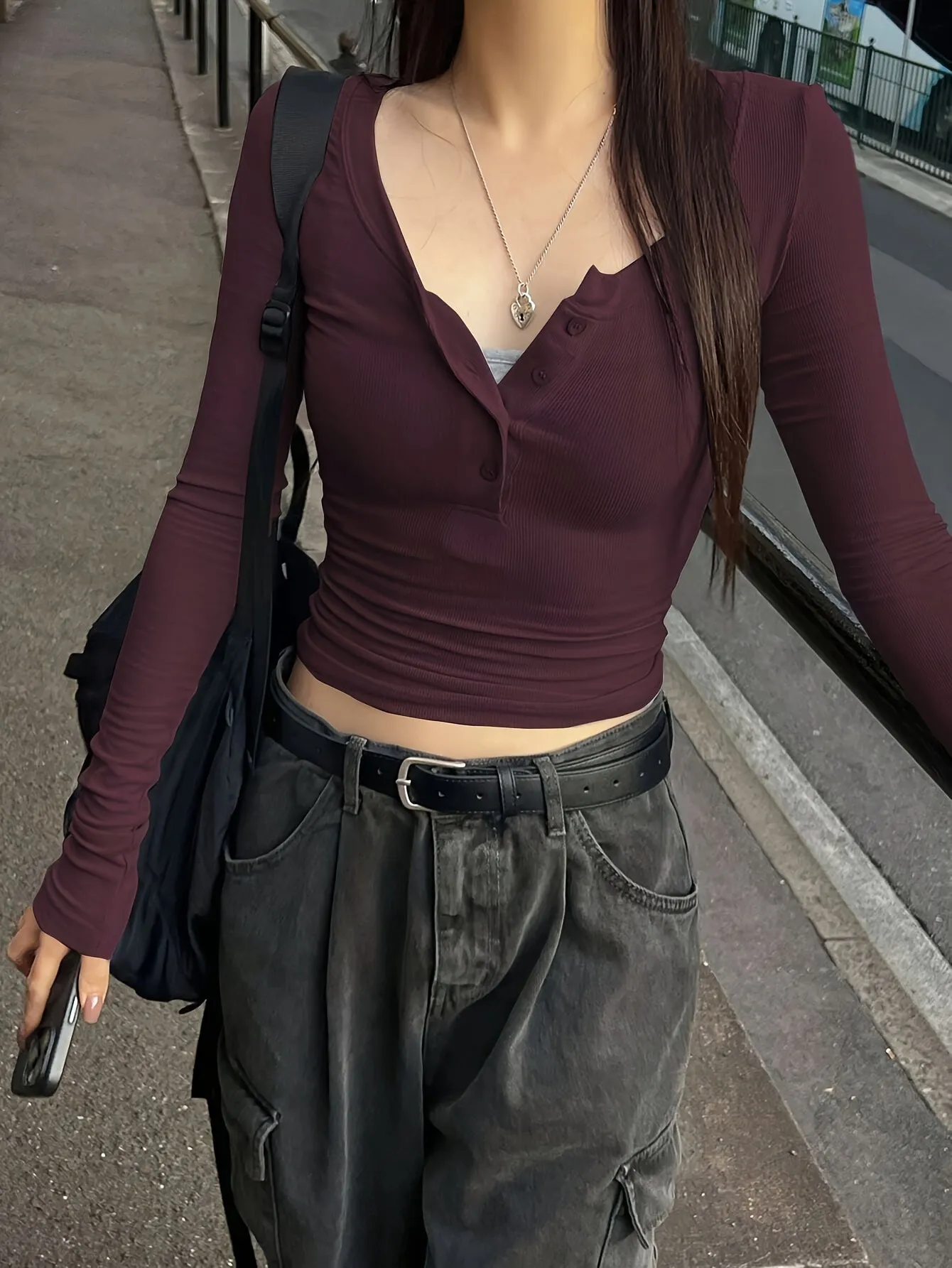 1pc Elegant Women'S Solid Color Slim-Fit Henley Long Sleeve T-Shirt, Polyester Knit Fabric, Button Detail, Regular Length, for Spring/Autumn