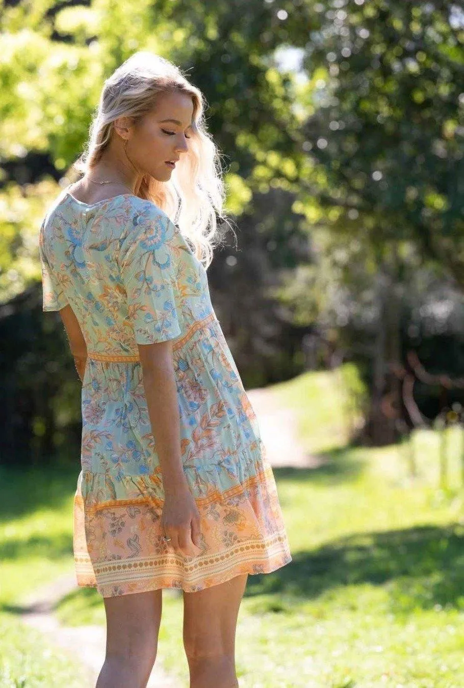 201234-1 Iris Maxi  Mint & Orange Floral Rayon Dress