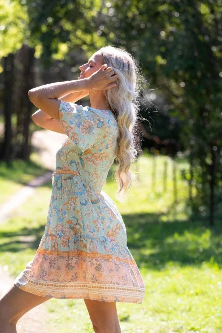 201234-1 Iris Maxi  Mint & Orange Floral Rayon Dress