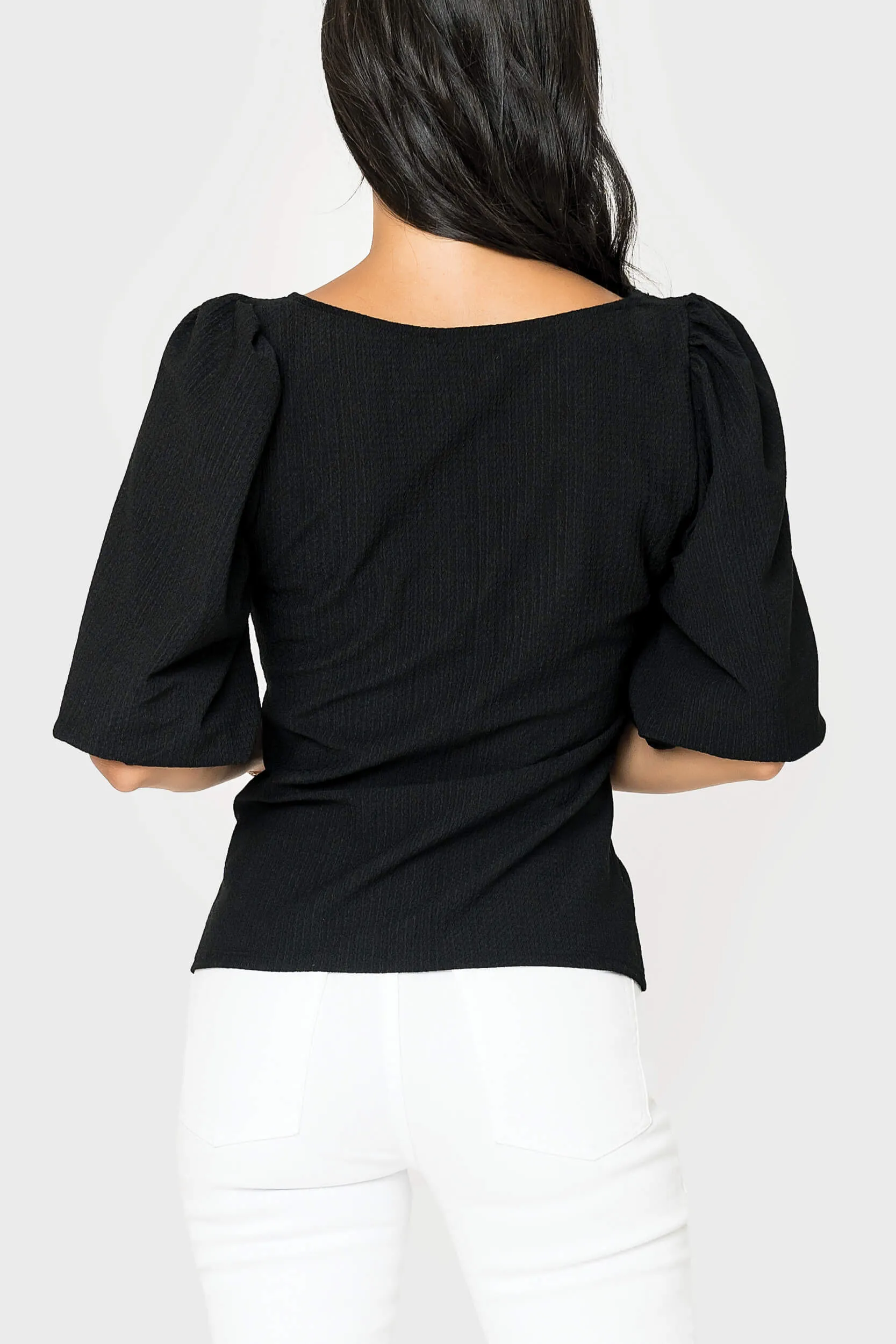 Balloon Sleeved V-Neck Textured Top