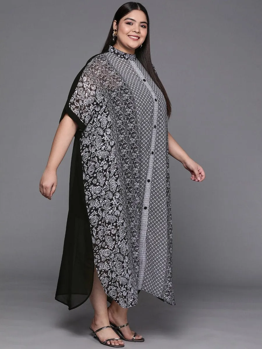 Black & Off White Printed Georgette Kaftan Maxi Dress