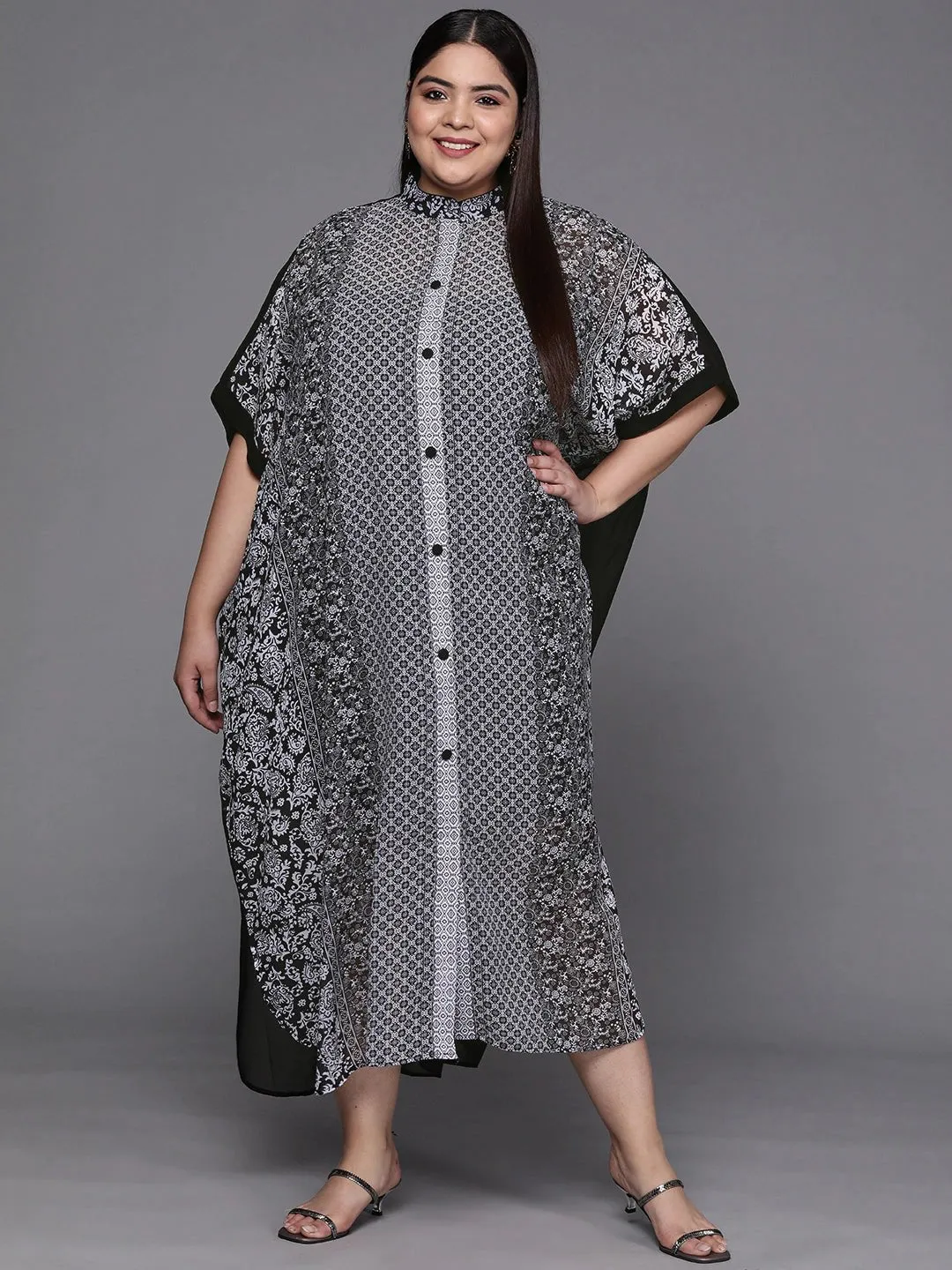 Black & Off White Printed Georgette Kaftan Maxi Dress