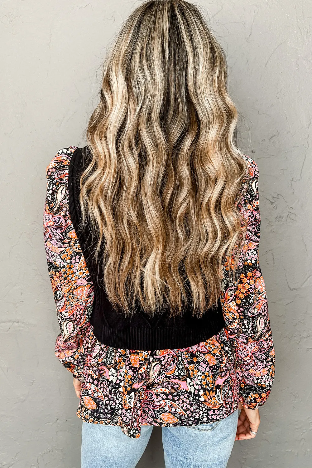 Black Cable Knit Contrast Floral Sleeve Peplum Sweater