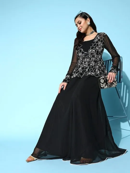 Black Georgette Ethnic Gown With Embroidered Jacket
