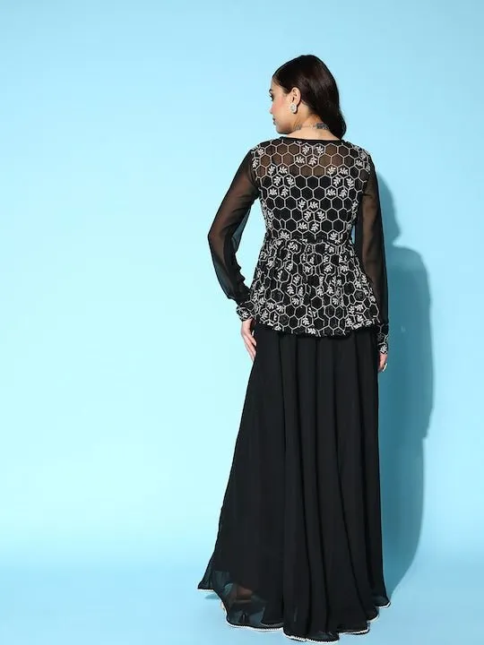 Black Georgette Ethnic Gown With Embroidered Jacket