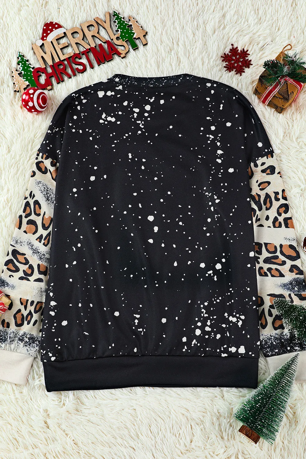 Black Pray Letter Leopard Bleached Color Block Sweatshirt