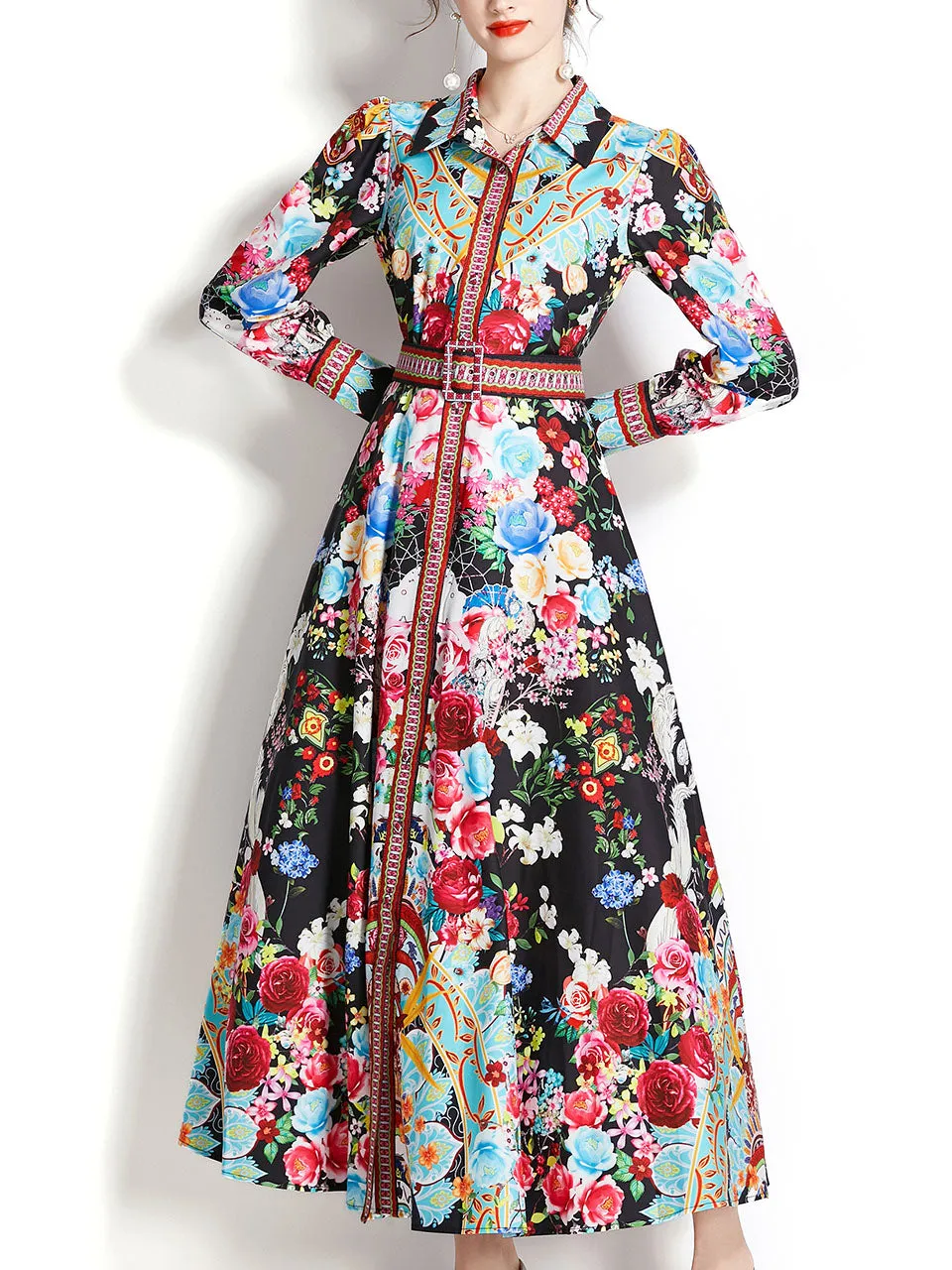 Black Turn Down Collar Floral Print Trumpet Sleeve Bohemian Dress Maxi Dress