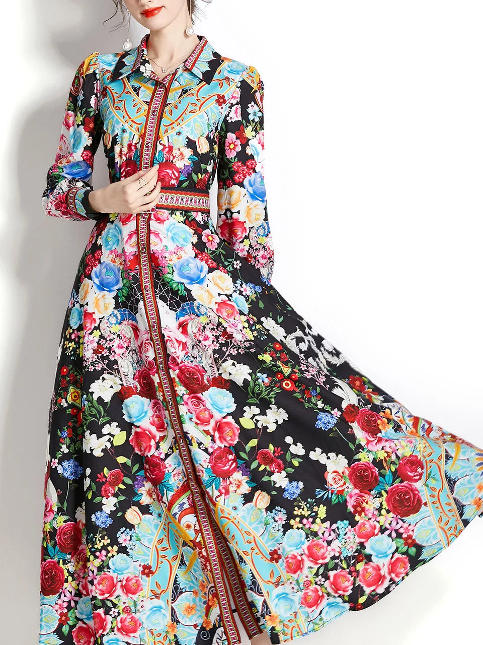 Black Turn Down Collar Floral Print Trumpet Sleeve Bohemian Dress Maxi Dress