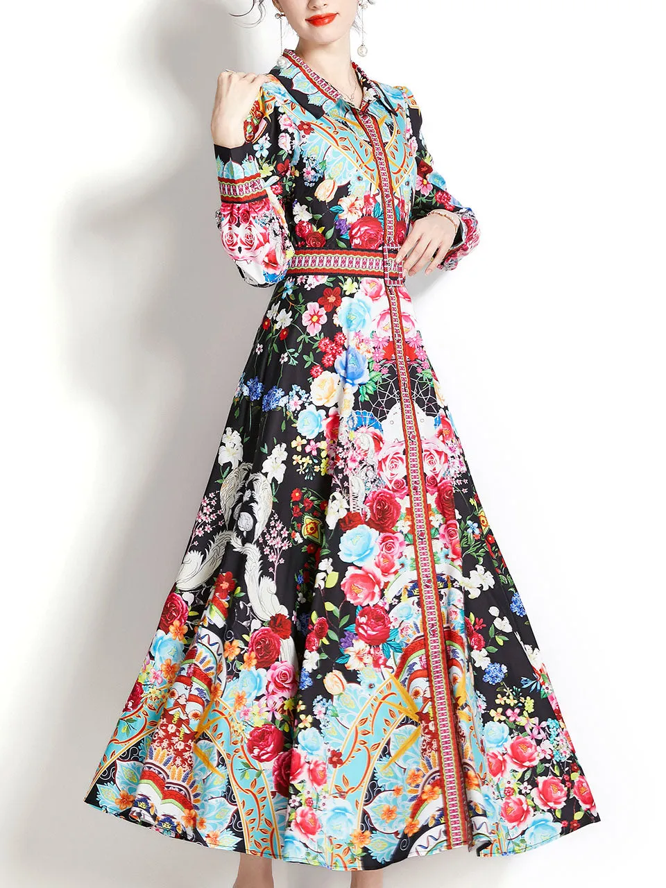 Black Turn Down Collar Floral Print Trumpet Sleeve Bohemian Dress Maxi Dress
