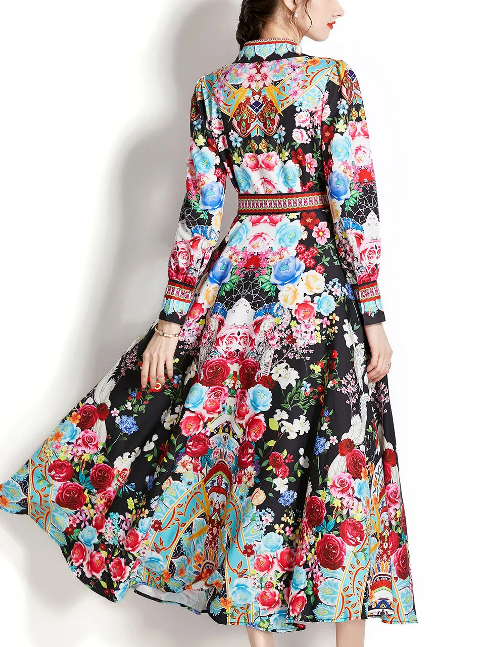 Black Turn Down Collar Floral Print Trumpet Sleeve Bohemian Dress Maxi Dress