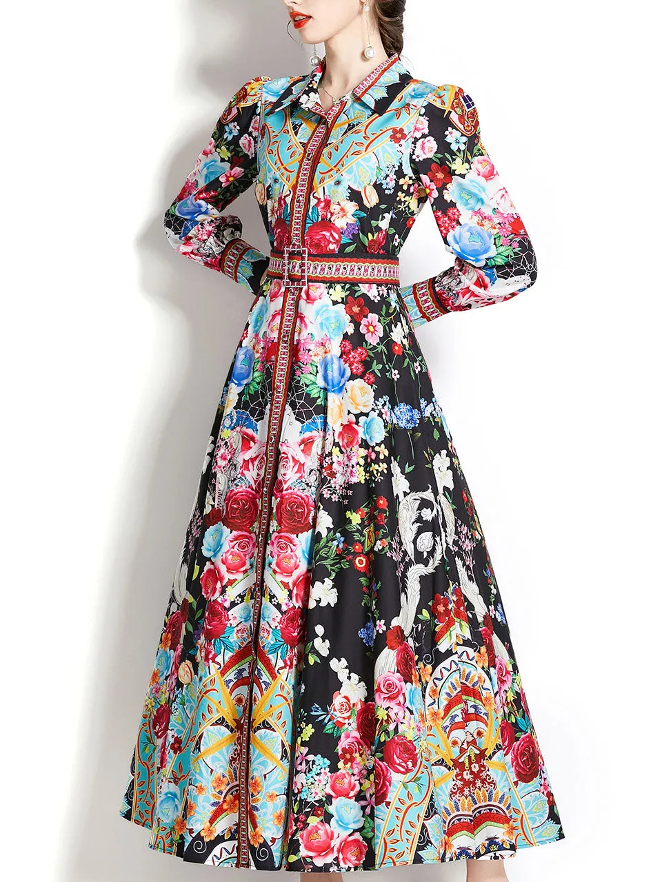 Black Turn Down Collar Floral Print Trumpet Sleeve Bohemian Dress Maxi Dress