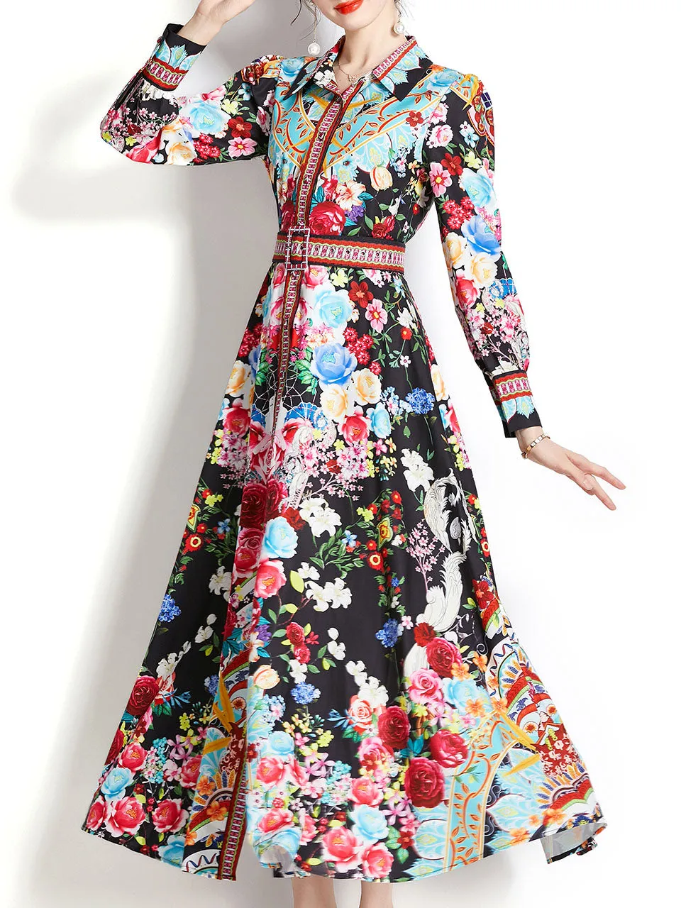 Black Turn Down Collar Floral Print Trumpet Sleeve Bohemian Dress Maxi Dress