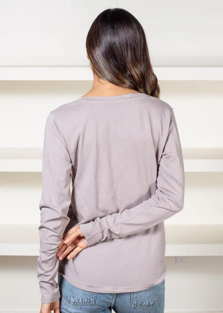 Bobi Essential Long Sleeve V Neck Curved Hem Tee- Lead