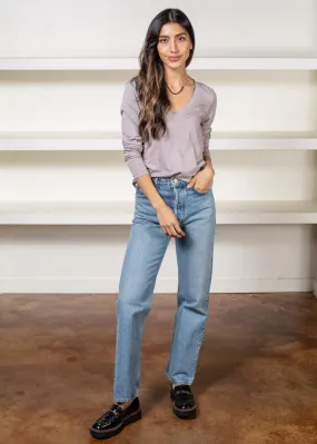 Bobi Essential Long Sleeve V Neck Curved Hem Tee- Lead