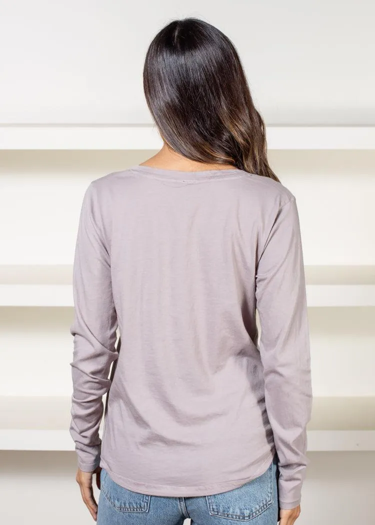 Bobi Essential Long Sleeve V Neck Curved Hem Tee- Lead