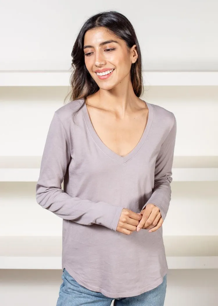 Bobi Essential Long Sleeve V Neck Curved Hem Tee- Lead
