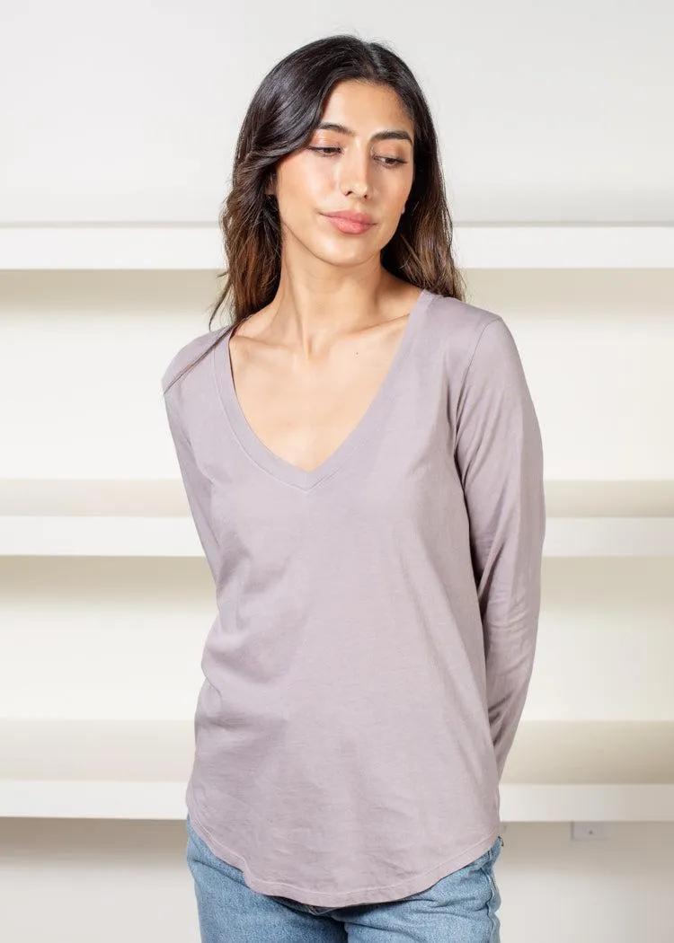 Bobi Essential Long Sleeve V Neck Curved Hem Tee- Lead