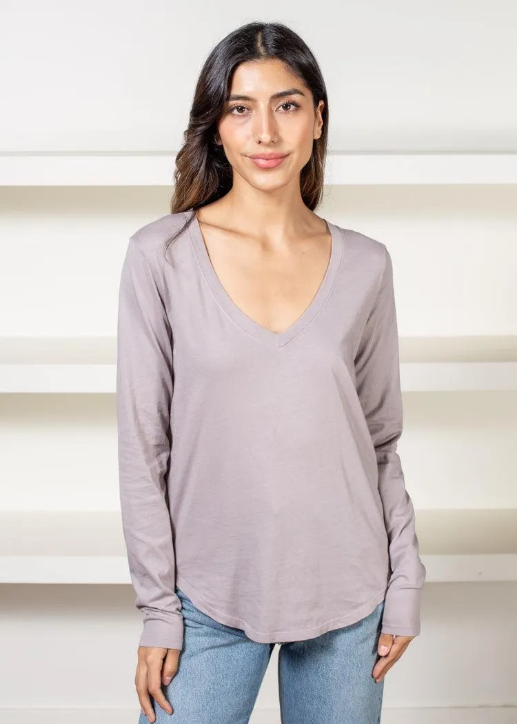 Bobi Essential Long Sleeve V Neck Curved Hem Tee- Lead