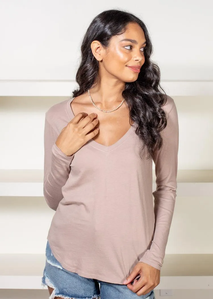 Bobi Essential Long Sleeve V Neck Curved Hem Tee-Taupe