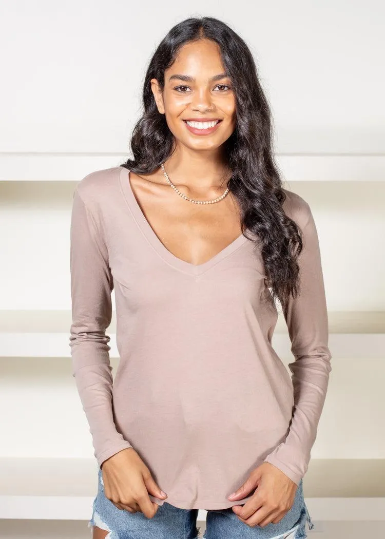 Bobi Essential Long Sleeve V Neck Curved Hem Tee-Taupe