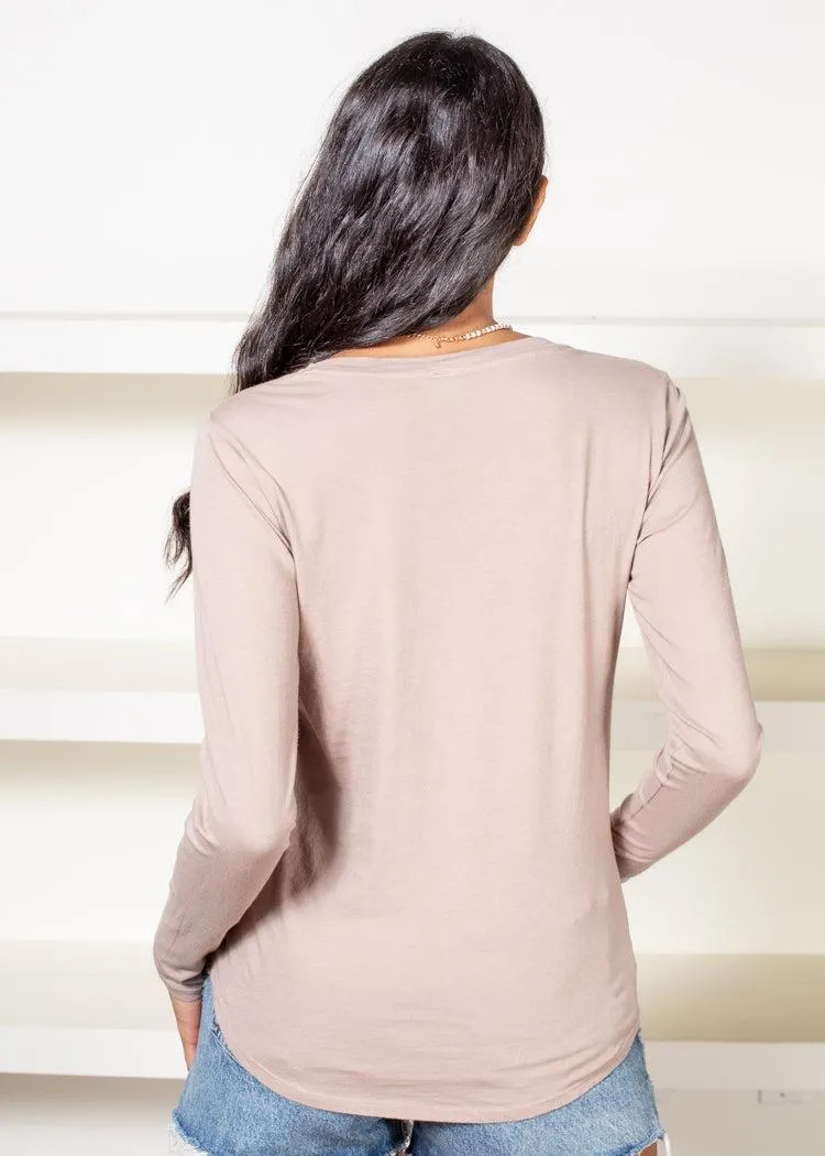 Bobi Essential Long Sleeve V Neck Curved Hem Tee-Taupe