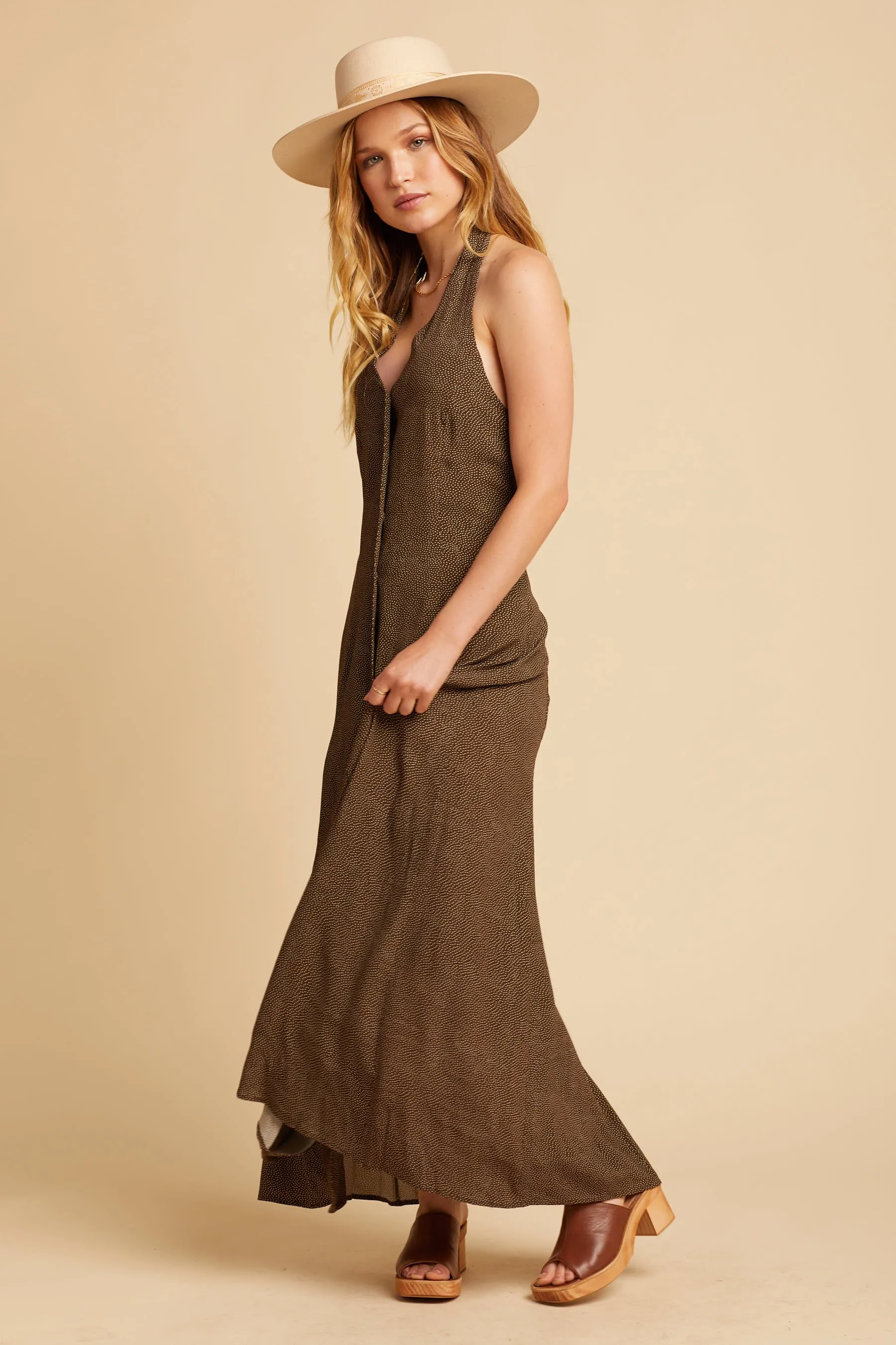 Brown Mini Spot Halter Dress
