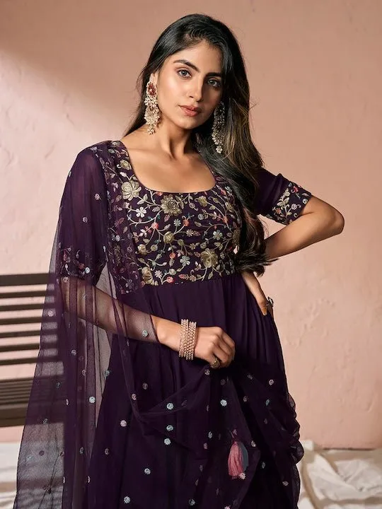 Burgundy Floral Embroidered Sequinned Fit and Flare Ethnic Dress With Dupatta