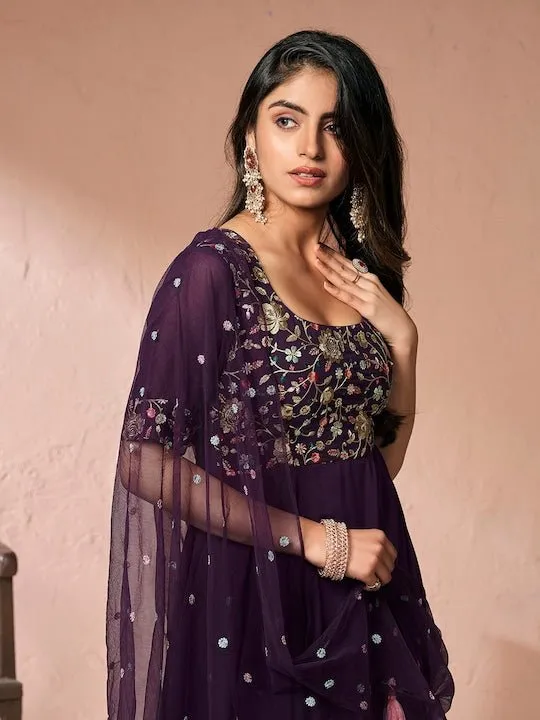 Burgundy Floral Embroidered Sequinned Fit and Flare Ethnic Dress With Dupatta