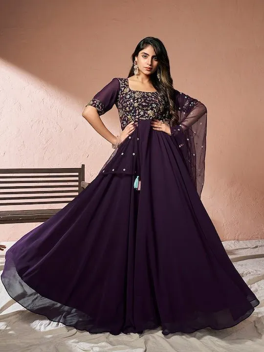 Burgundy Floral Embroidered Sequinned Fit and Flare Ethnic Dress With Dupatta
