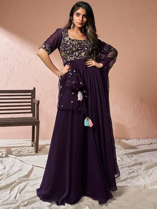Burgundy Floral Embroidered Sequinned Fit and Flare Ethnic Dress With Dupatta