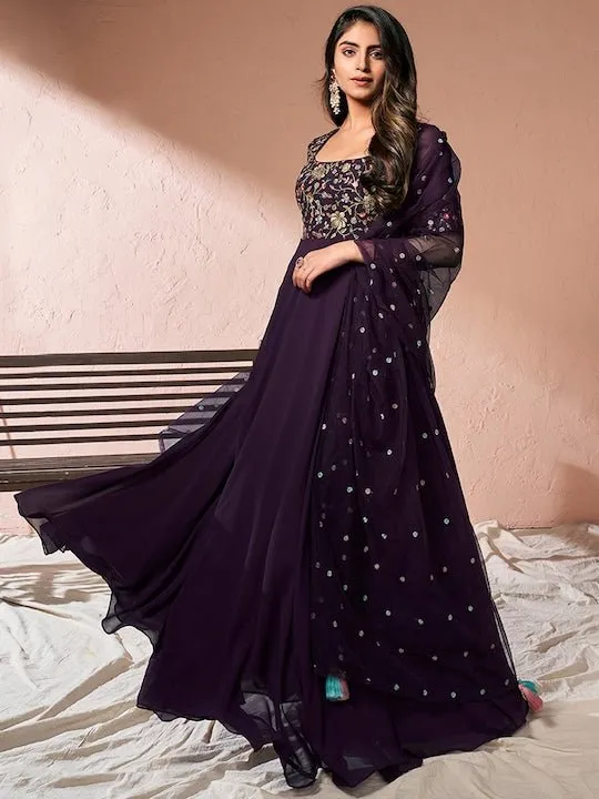Burgundy Floral Embroidered Sequinned Fit and Flare Ethnic Dress With Dupatta