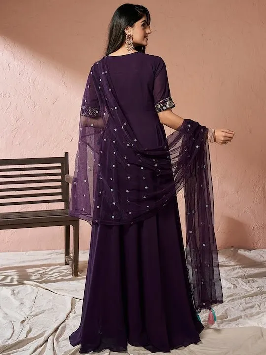 Burgundy Floral Embroidered Sequinned Fit and Flare Ethnic Dress With Dupatta