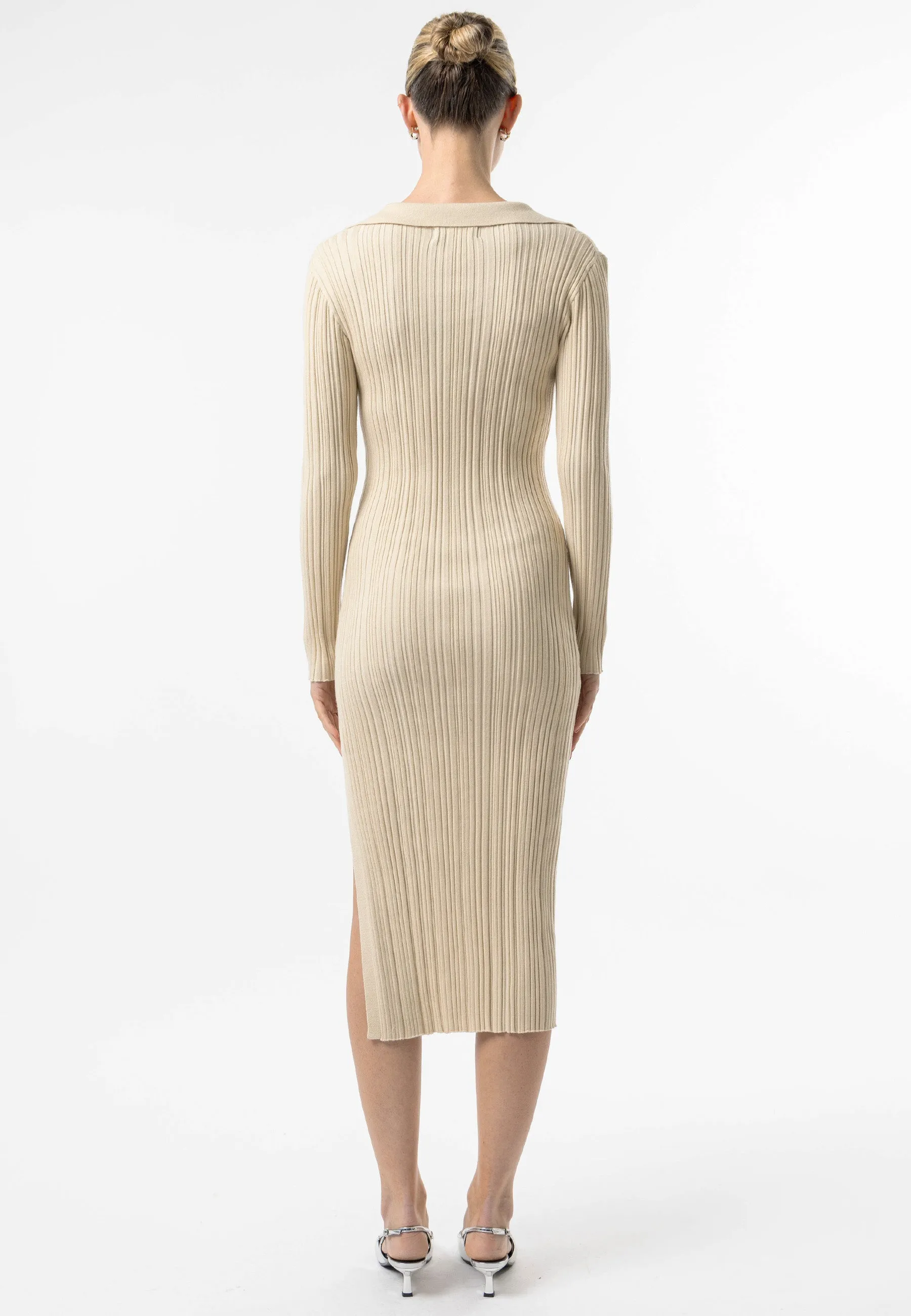 Collared Knit Midi Dress in Cream
