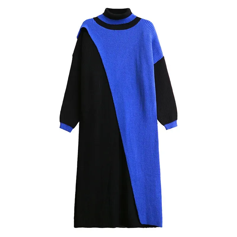 Color Block Maxi Knitted Pullover with Overlay Split – Black & Blue