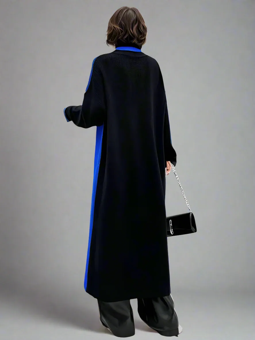 Color Block Maxi Knitted Pullover with Overlay Split – Black & Blue