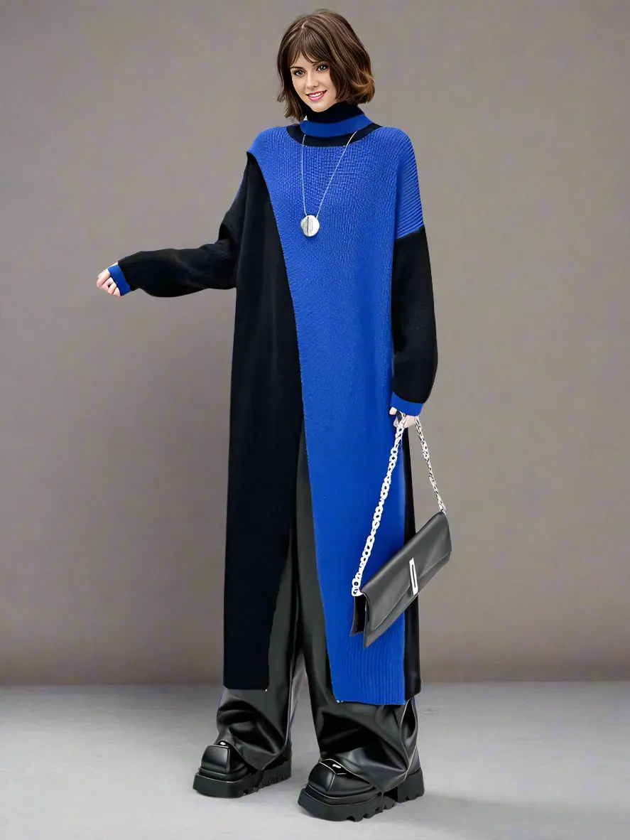 Color Block Maxi Knitted Pullover with Overlay Split – Black & Blue