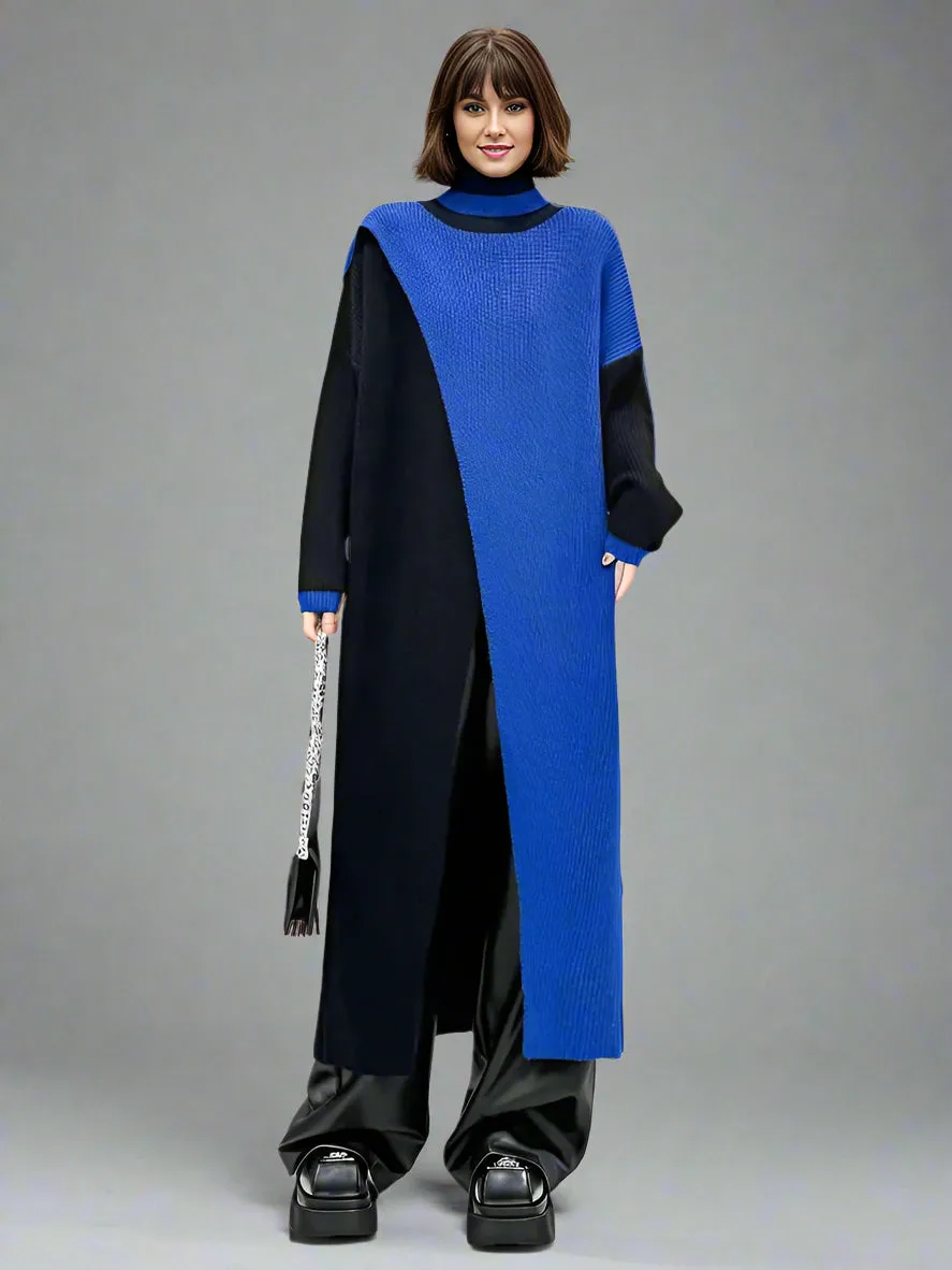 Color Block Maxi Knitted Pullover with Overlay Split – Black & Blue
