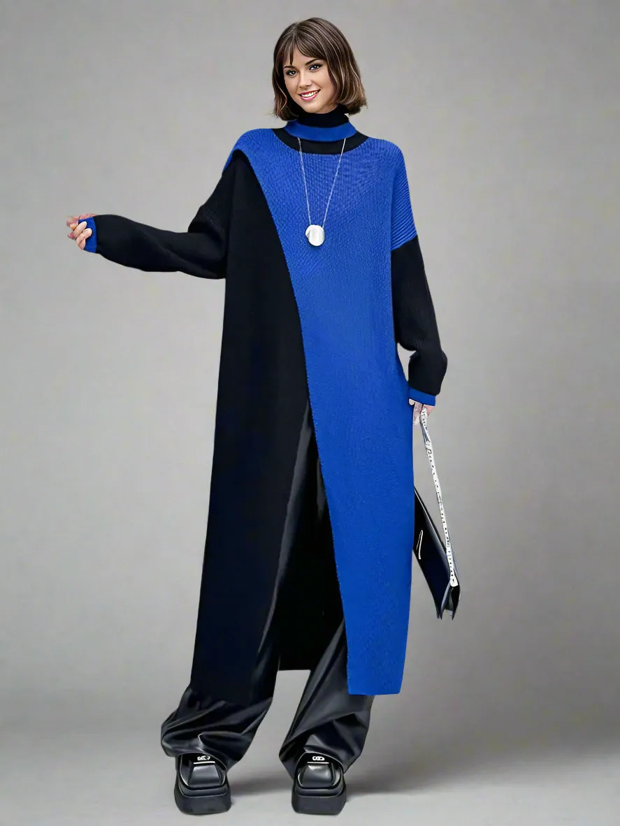 Color Block Maxi Knitted Pullover with Overlay Split – Black & Blue