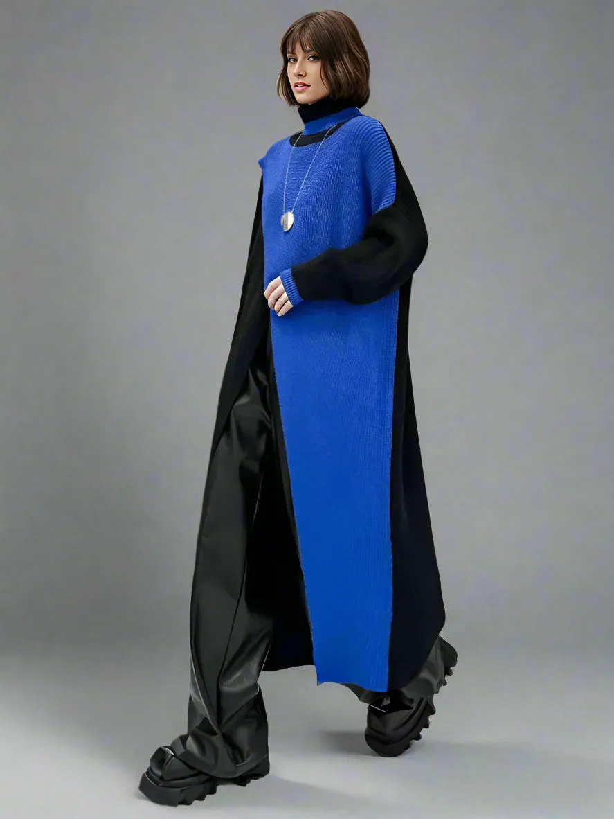 Color Block Maxi Knitted Pullover with Overlay Split – Black & Blue