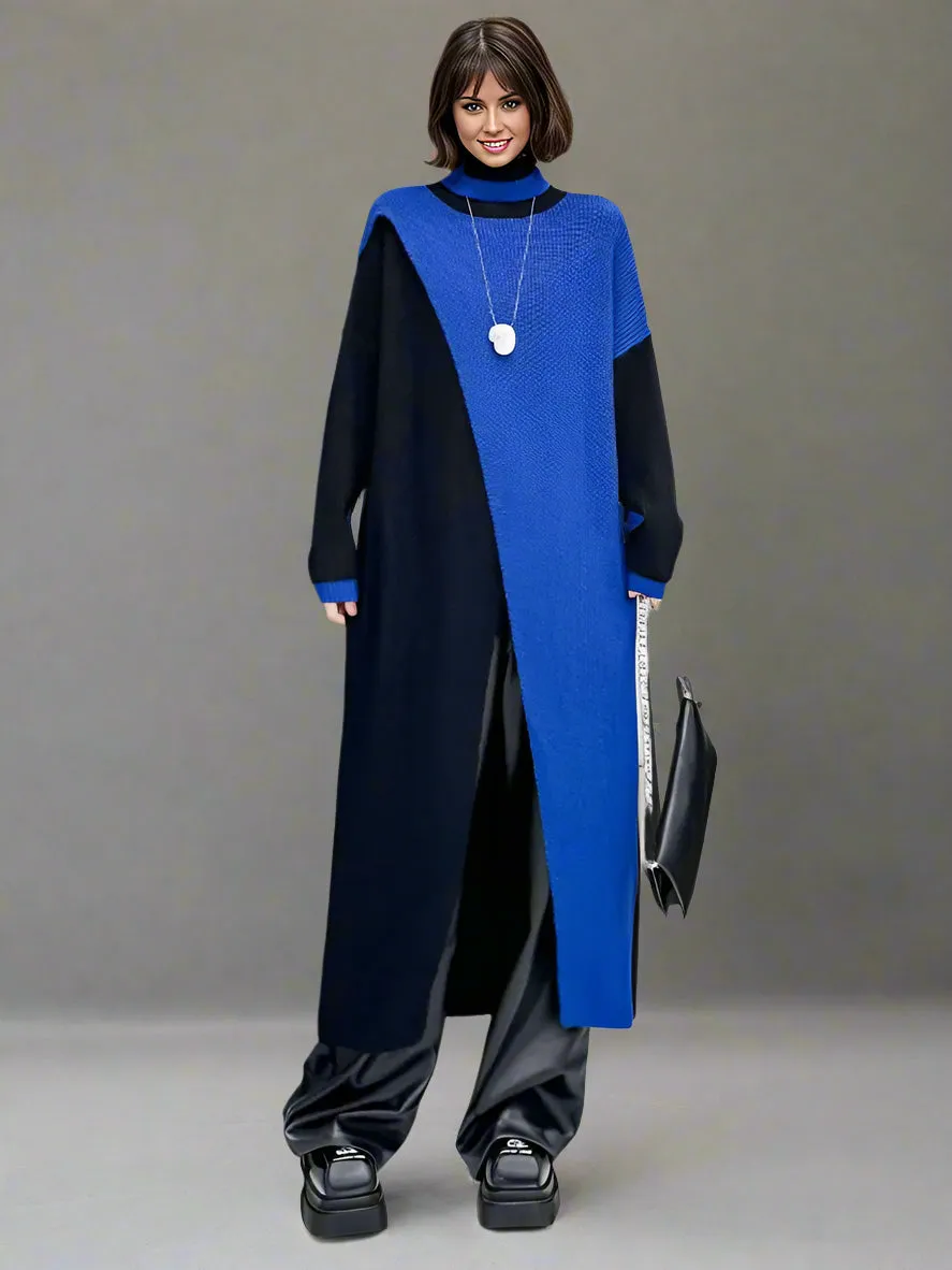 Color Block Maxi Knitted Pullover with Overlay Split – Black & Blue