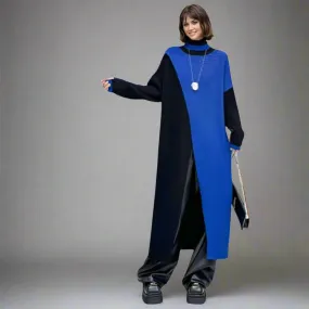 Color Block Maxi Knitted Pullover with Overlay Split – Black & Blue