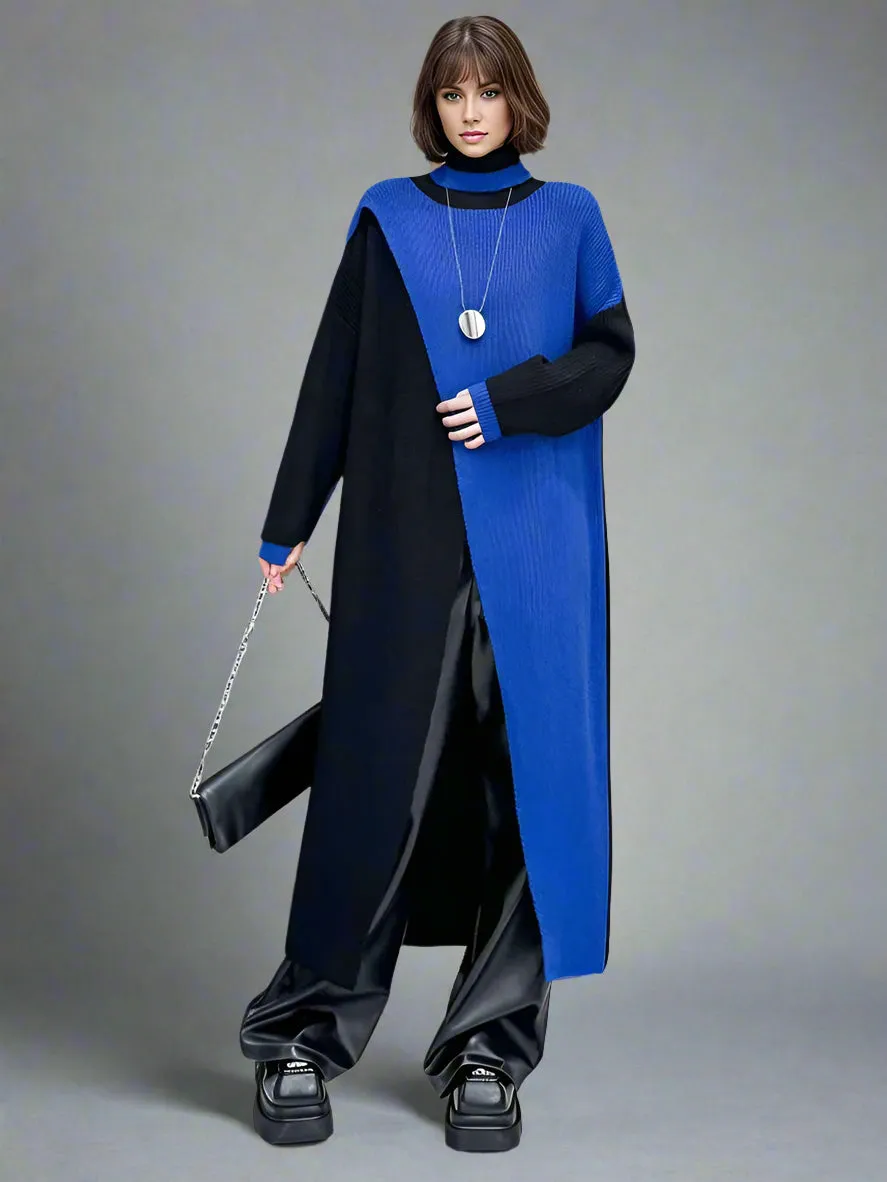 Color Block Maxi Knitted Pullover with Overlay Split – Black & Blue