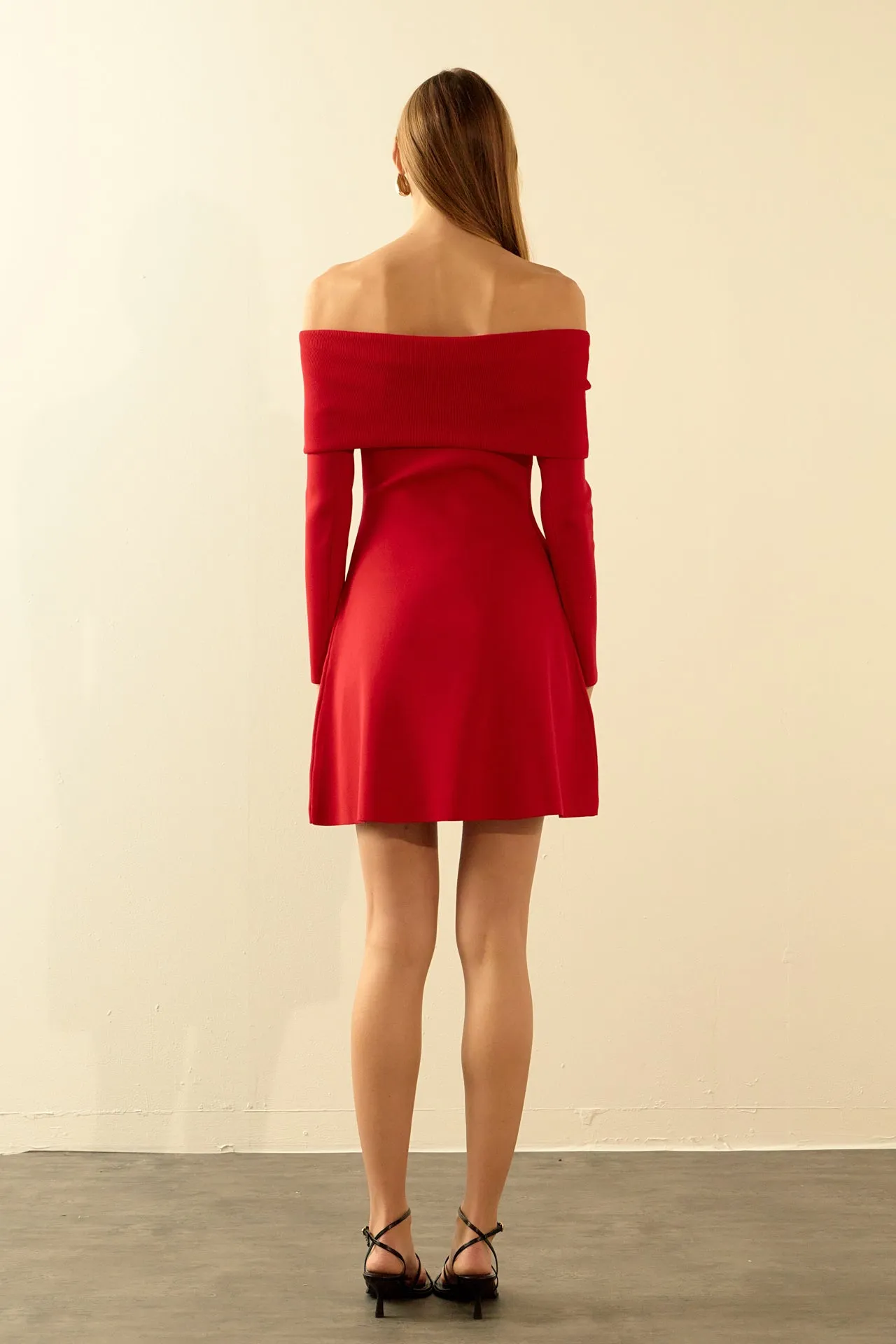 Endless Rose - Off Shoulder Mini Flare Knit Dress