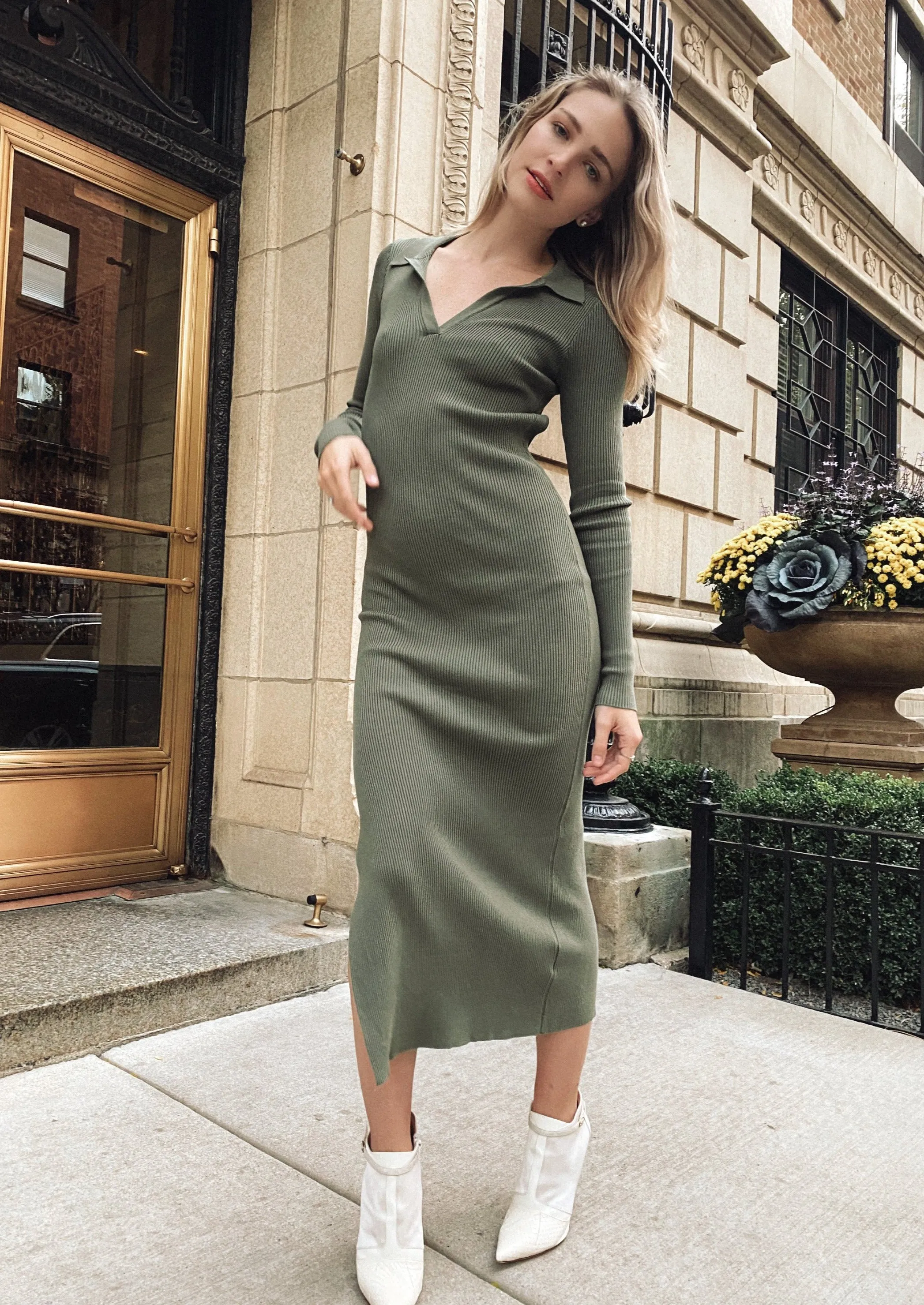 Florence Olive Knit Midi Dress