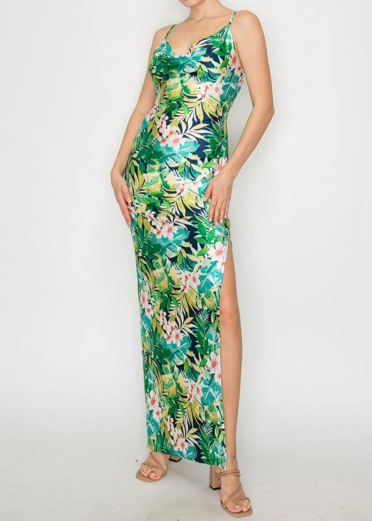 FOREST ISLAND GREEN-NAVY COWL NECK MAXI SLIT DRESS
