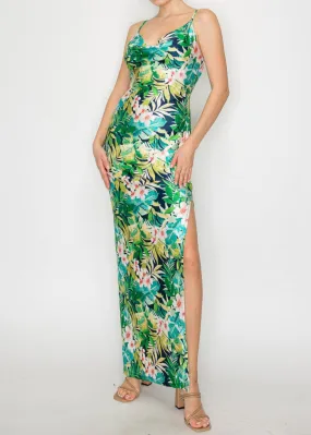 FOREST ISLAND GREEN-NAVY COWL NECK MAXI SLIT DRESS