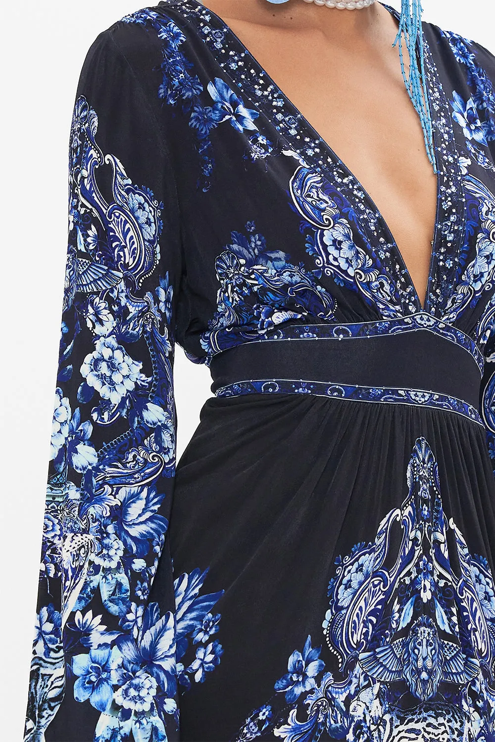 GATHERED V NECK JERSEY DRESS DELFT DYNASTY