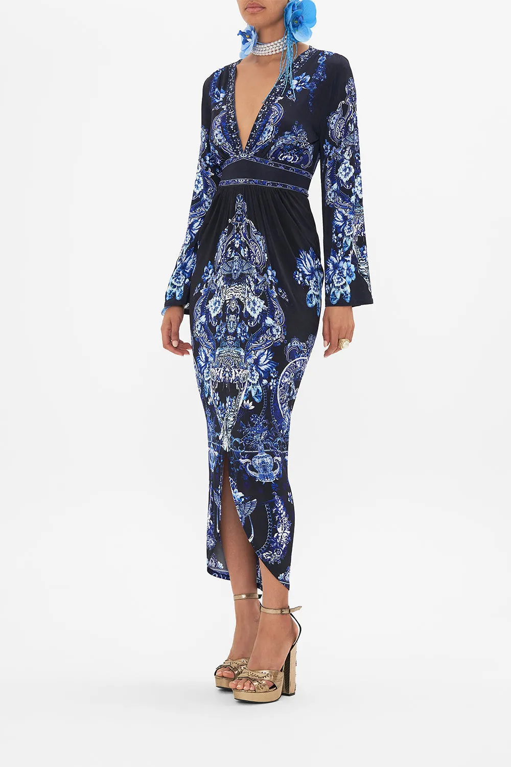 GATHERED V NECK JERSEY DRESS DELFT DYNASTY